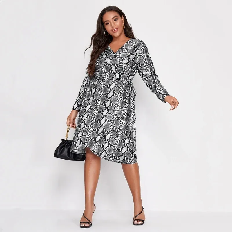 Plus Size Wrap Dress Women Long Sleeve V Neck Snake Print Tie Waist Elegant  Midi Dress For Spring Autumn From Mysticastore, $29.28 | DHgate.Com