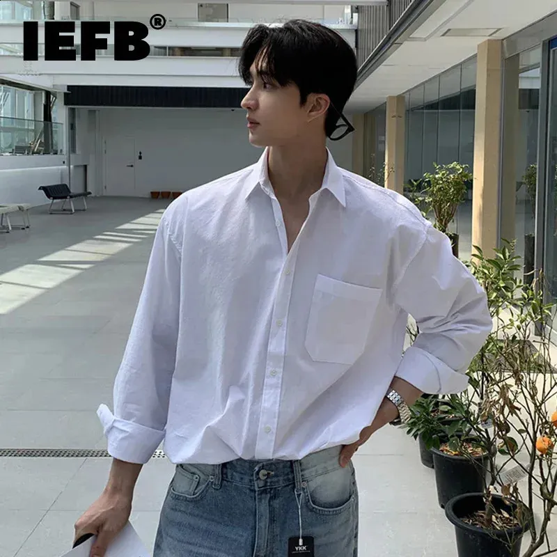 Korean Style Vintage men's shirt with Turn-Down Collar and Long Sleeves - Single Breasted Autumn Solid Color Top (IEFB 9C7803 240820)