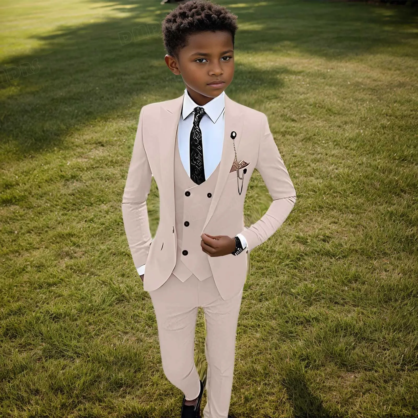 Elegant Beige 4 Piece Suit Set for Boys with Blazer Vest Khaki Uniform Pants Tie XJ241113