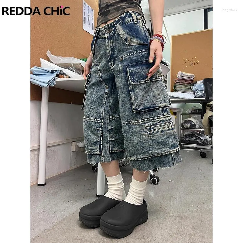 DHgate.com:REDDACHiC Womens Snowflake Flared Denim Cargo Shorts 