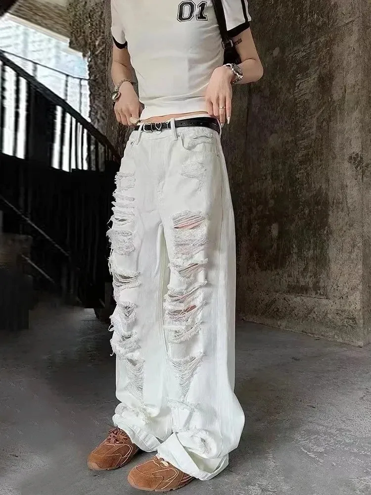 DHgate.com:Mens Ripped White Baggy Hip Hop Jeans with Side