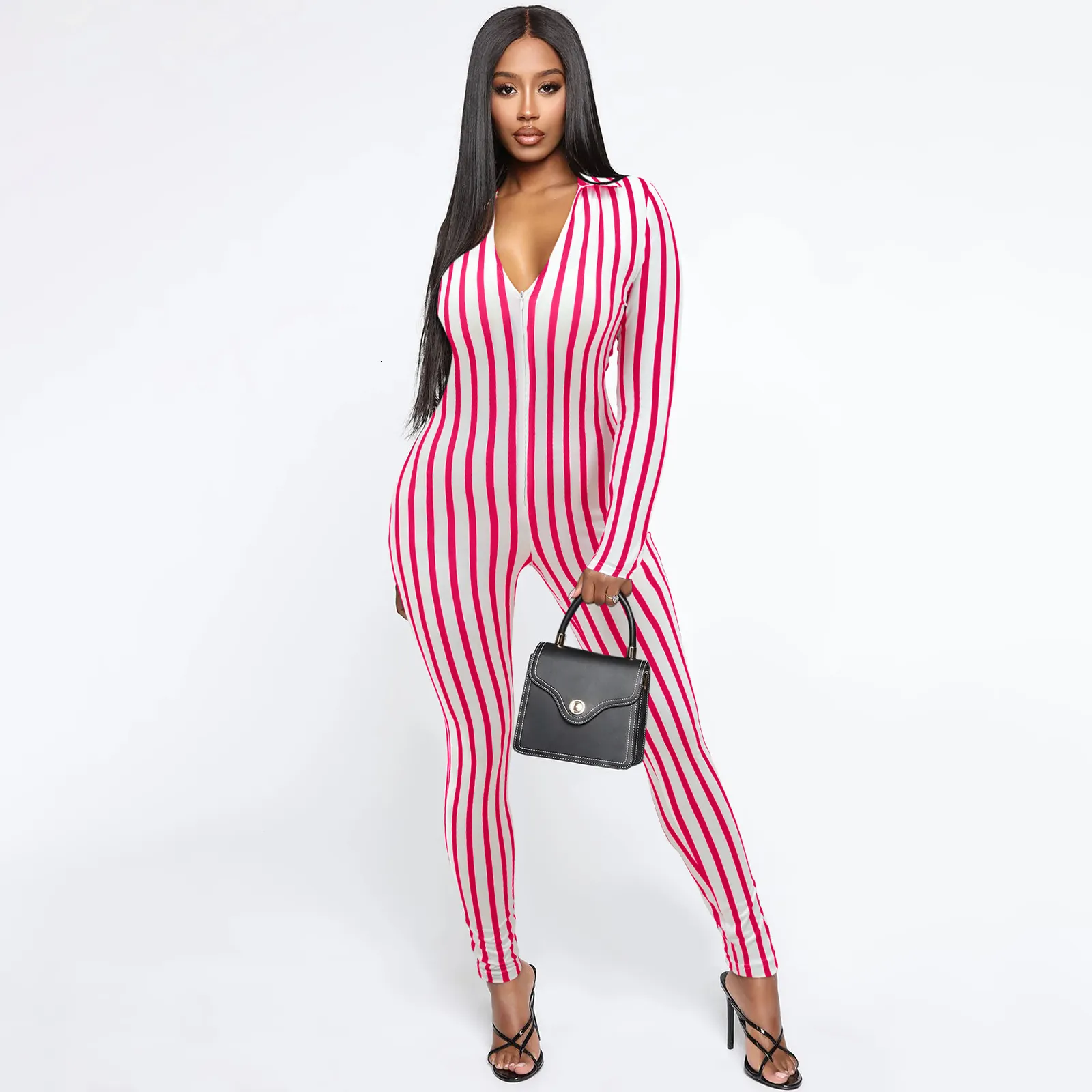 Womens Autumn Winter Striped Casual Jumpsuit Slim Fit V Neck