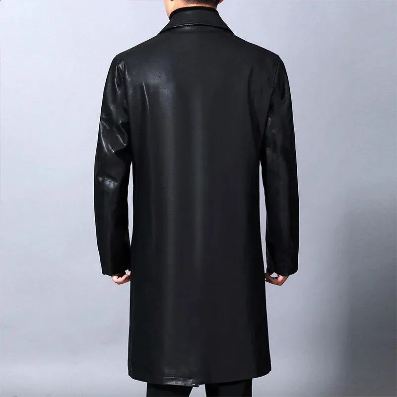 Mens Lapel Coat Winter Thermal PU Leather Jacket, Long