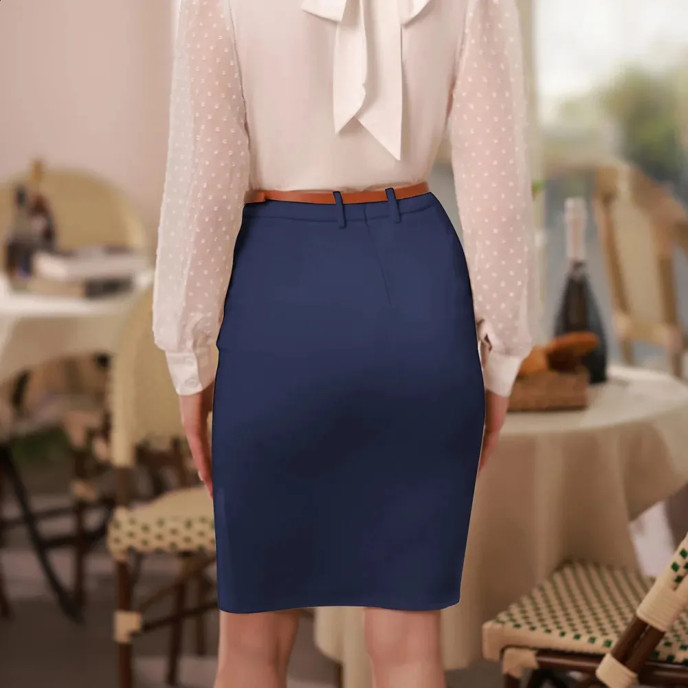 Ruched High Waist Pencil Skirt with Belt - Knee Length, Slim