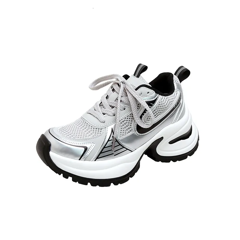 Zhao Lusi Style Chunky Sneakers Breathable Summer Dad Shoes, Silver  Platform, Genuine Leather, Comfortable Walking, Outdoor Sports