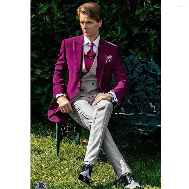 Slim Fit Mens 3-Piece Suit: Purple Coat, Grey Vest Pants