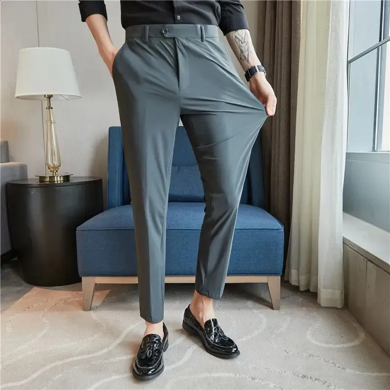 Mens Silk Trousers, Slim Fit Cropped Pants Mens In Dark Gray, Ice