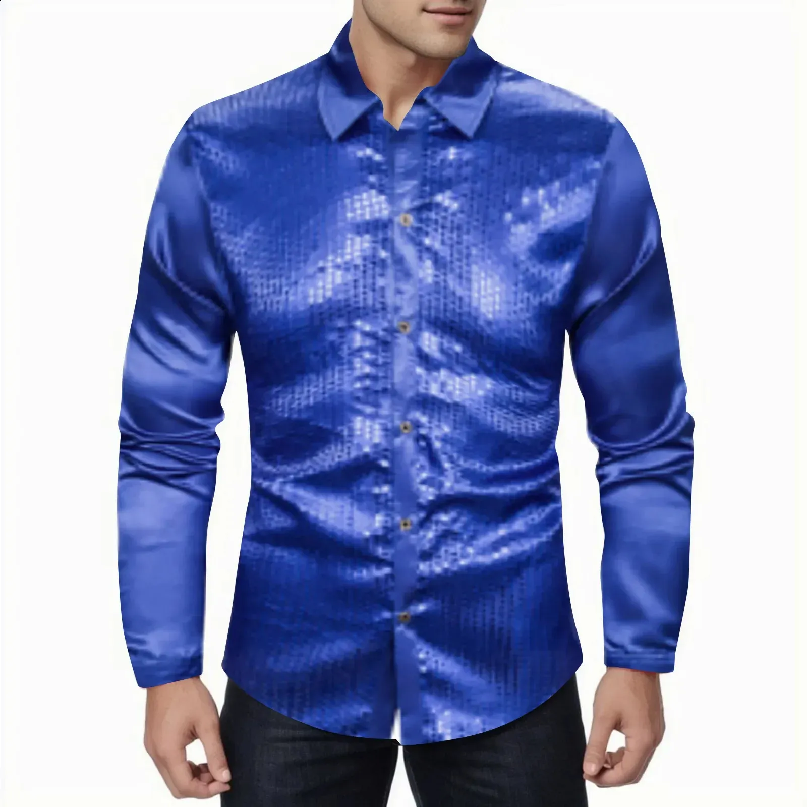 Chemise Homme à Paillettes Dégradée - Manches Longues, Boutonnée - Tissu Maille Brillant - Pour Fête, Carnaval, Disco