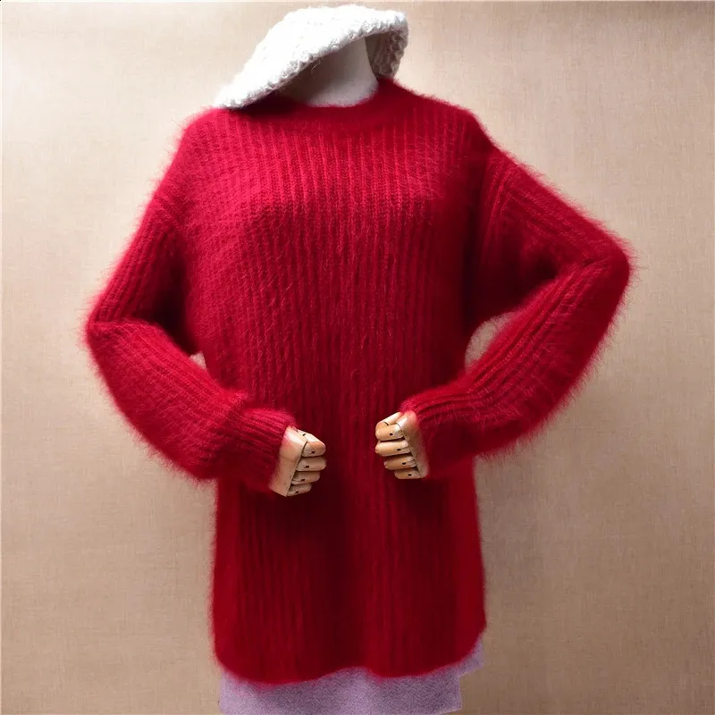 Female Women Fall Winter Thick Warm Red Striped Hairy Angora