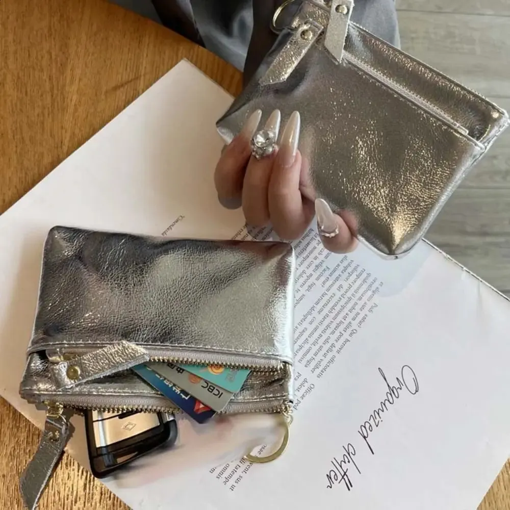 Leather Silver Zip Wallet: Compact Coin Purse, Earphone