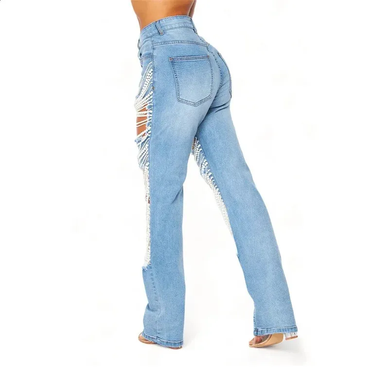 Fashion Chain Detail Ripped Jeans: Womens Wide Leg Trousers