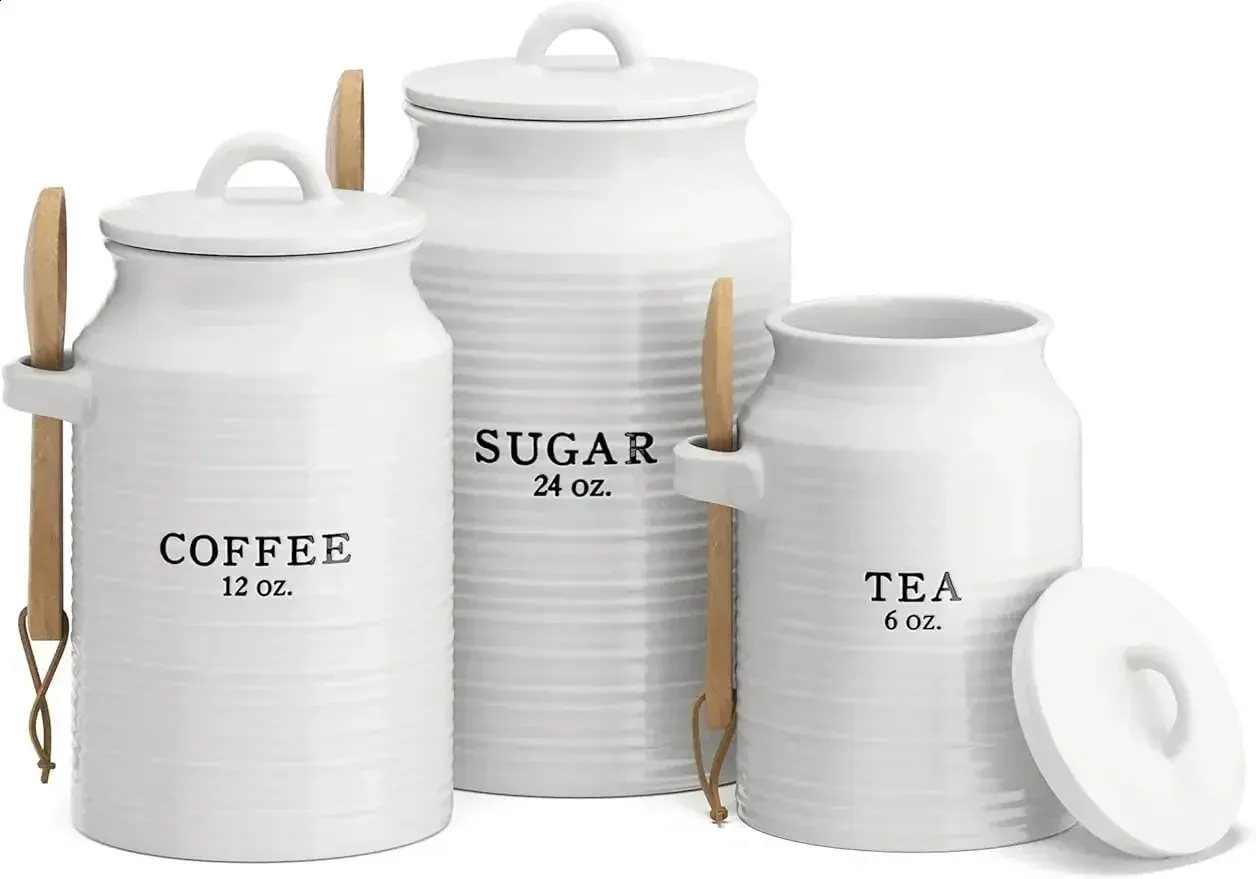 Farmhouse Kitchen Canisters Ceramic Coffee, Tea, And Sugar