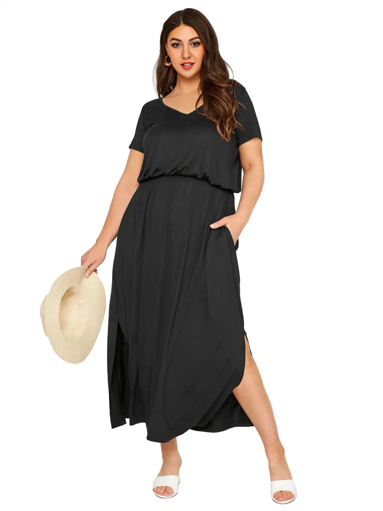 green emerald velvet dress Plus Size A Line Flowy Dresses Long Sleeve V Neck丨Moon Wood main image 0