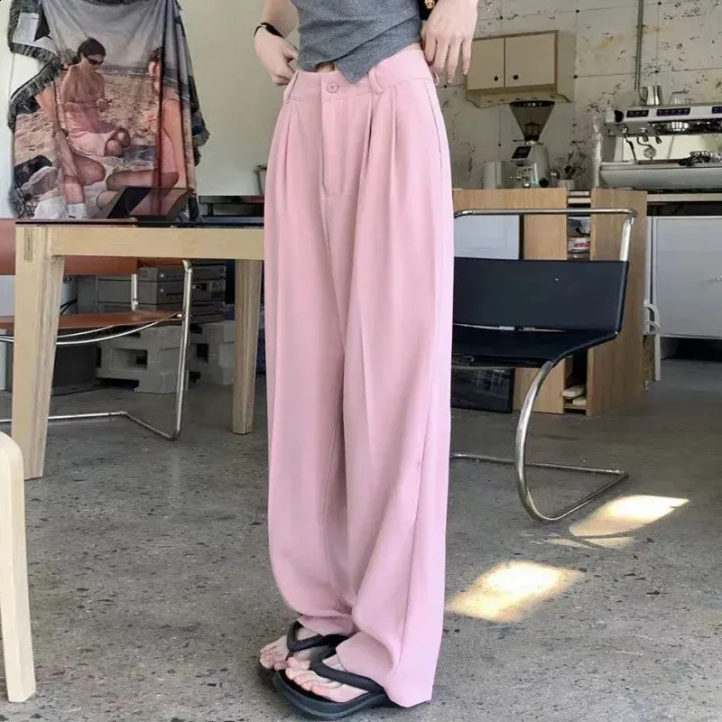 Korean-Style Pink Straight-Leg Draped Suit Pants with High-Waisted Bell Bottoms for Women