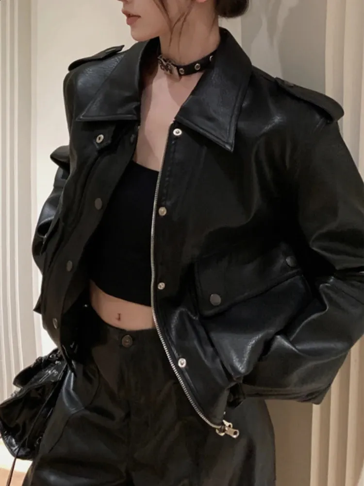 Punk Streetwear Black Leather Jacket Women Winter Casual Moto