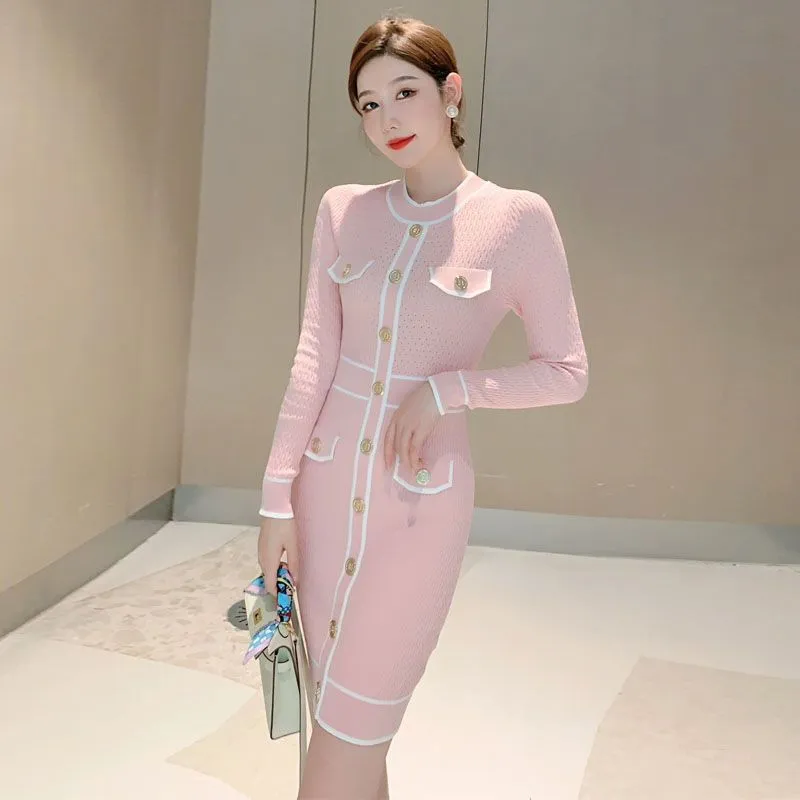 Save Big on Bulk Knit Dress With Buttons Elegant Women's O Neck Bodycon  Dress Long Sleeve Pencil Dress With Sleeves, Button Patchwork Design,  Knitted