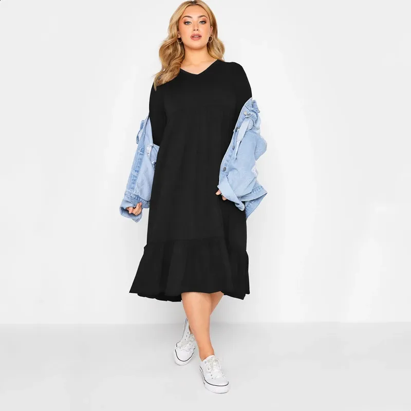 Elegant Tiered Smock Dress for Plus Size Women - Long Sleeve, Loose Fit, V-Neck, Midi Length - Perfect for Spring and Autumn - Available in 5XL and