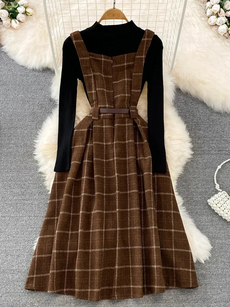 brown plaid overall dress Autumn Dress, Sleeveless A Line Long Jacket
