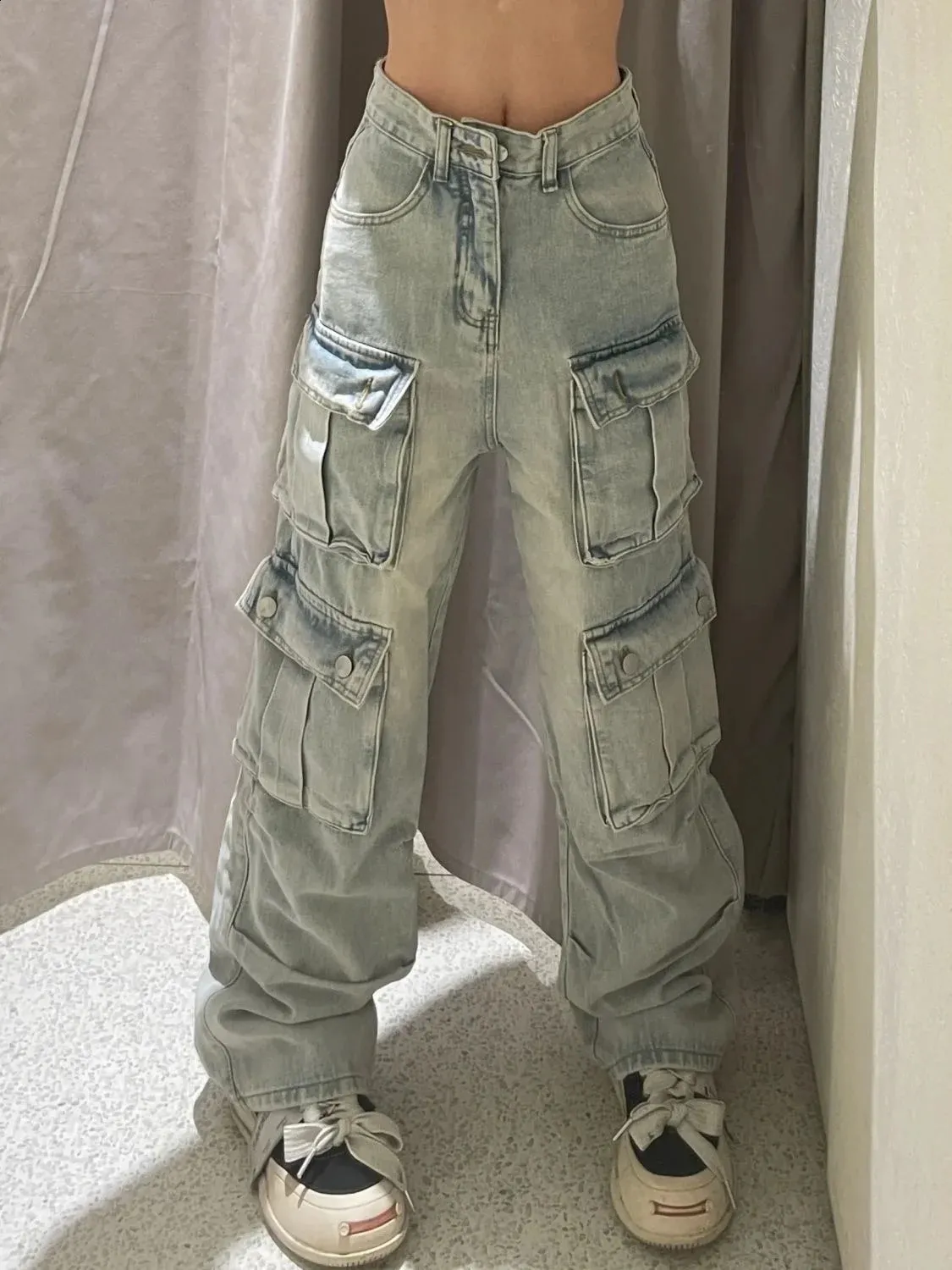 American Retro Cargo Jeans High Waist Wide Leg Denim Pants With Multi ...