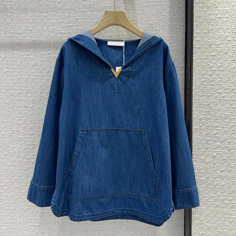 Womens Denim Jacket: Vintage Washed Hooded Shirt Top, Loose