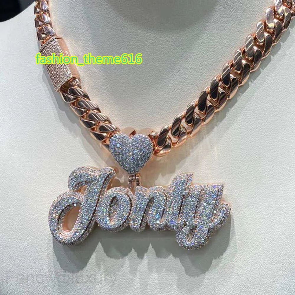 Iced Out Moissanite Name Pendant Necklace Custom Hip Hop Jewelry, 925  Silver Cuban Chain, Rose Gold Finish Women's Luxury