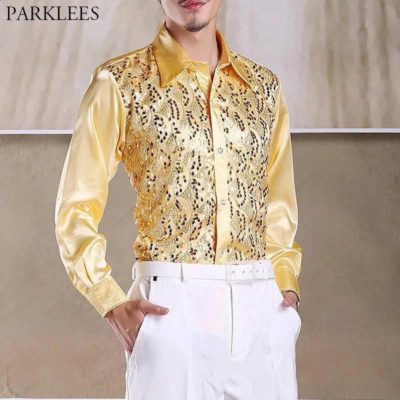 slim fit dress slacks Men's Satin Gold Dress Shirt main image 1