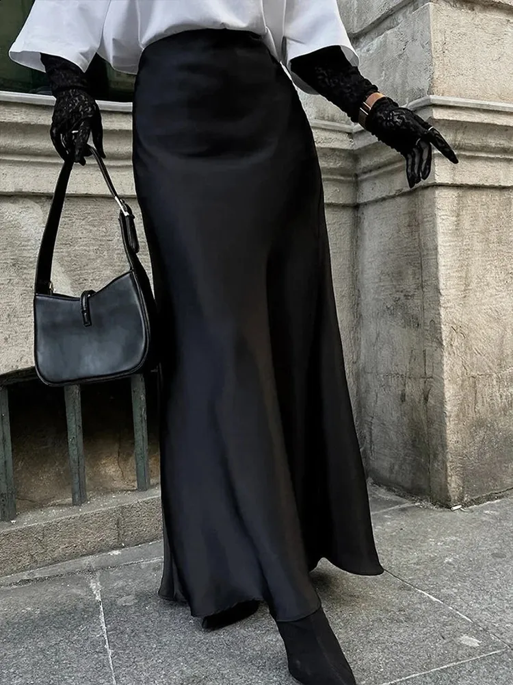 Satin Bias Bias Cut Maxi Skirt Black Beige Skirt Ruffle Stone