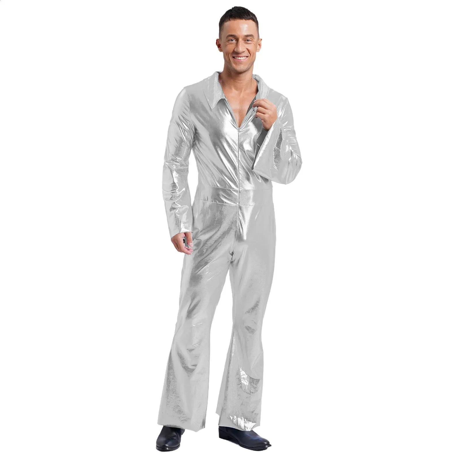 RG Kostüme 80175-SV-M Disco Inferno 70er Pailletten-Hemd – Langarm-Shirt Mit Kragen In Silber, Größe M