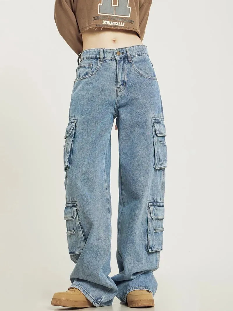 【BOK PLACE】American Casual Cargo Classic Long Wide DenimPt High Waist American Retro Cargo cargo pants with Multi