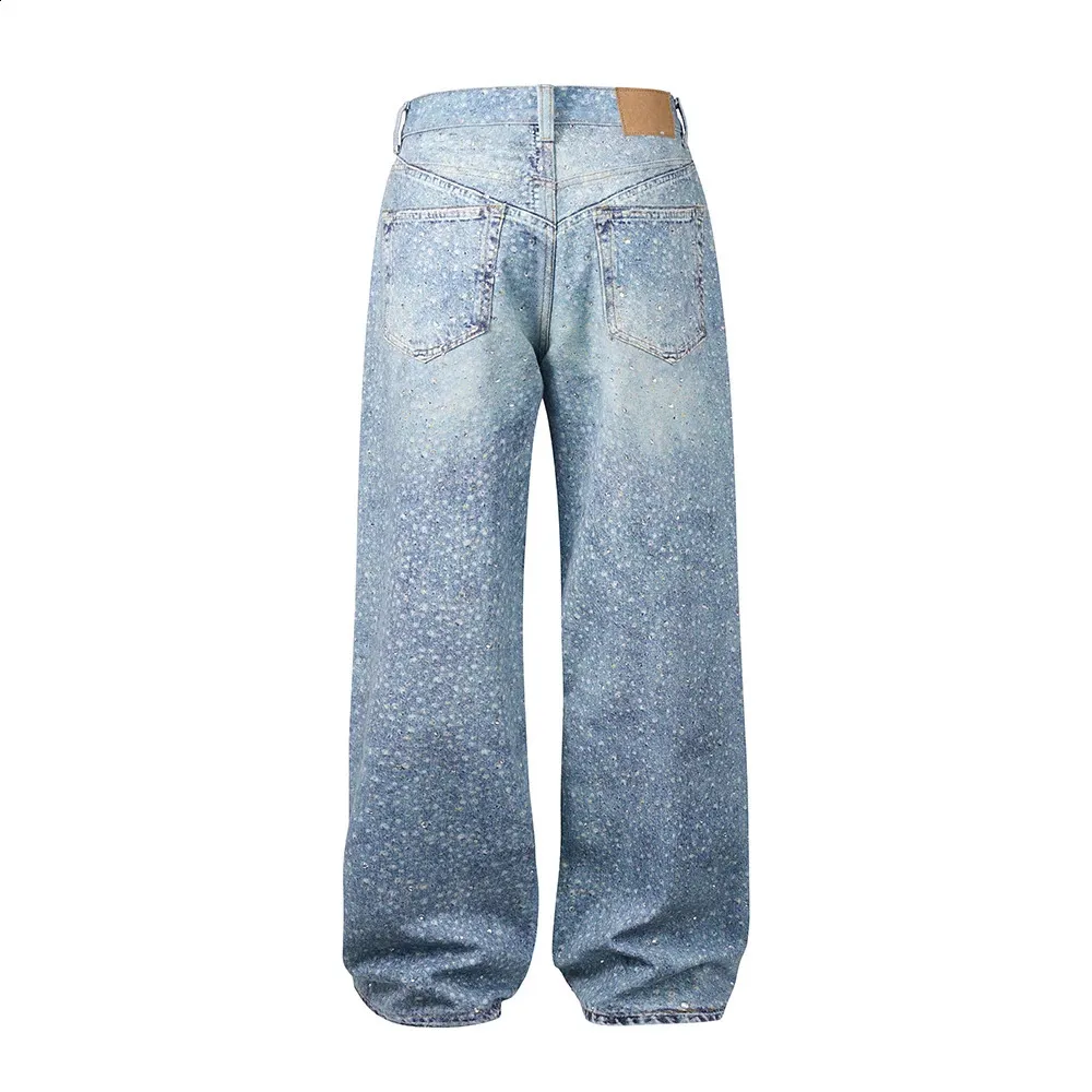 【BAON】Drain brushed washed denim pants Rhinestone Print Washed Blue Bagged baggy jeans for Men and