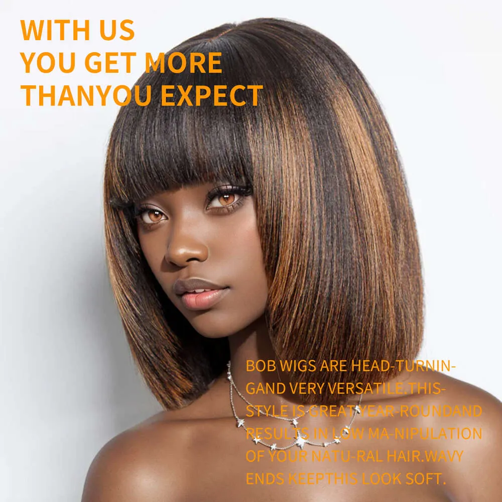 Brown Highlight Bob Wig with Bangs: Glueless Human Hair Wig  display picture 1