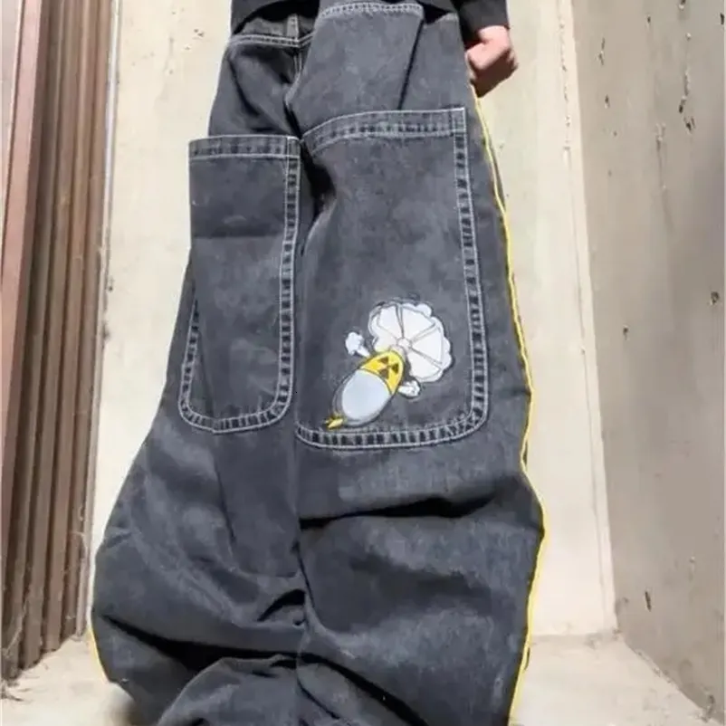 【mnem】Embroidered Patch Wide Denim Embroidered Black Baggy baggy jeans - Retro High Street