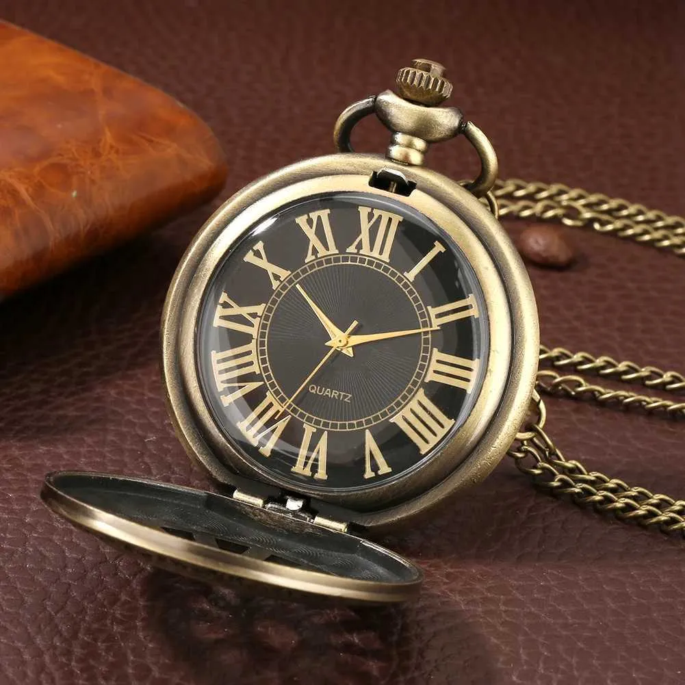 Bronze Wheel Pocket Clock Necklace - 24 Inch Chain - Roman Numeral ...