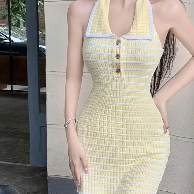 Summer Fashion Patchwork Knitted Camis striped dress with Turn-Down Collar and Sleeveless - Sexy Bodycon striped striped dress for Ladies (240821)