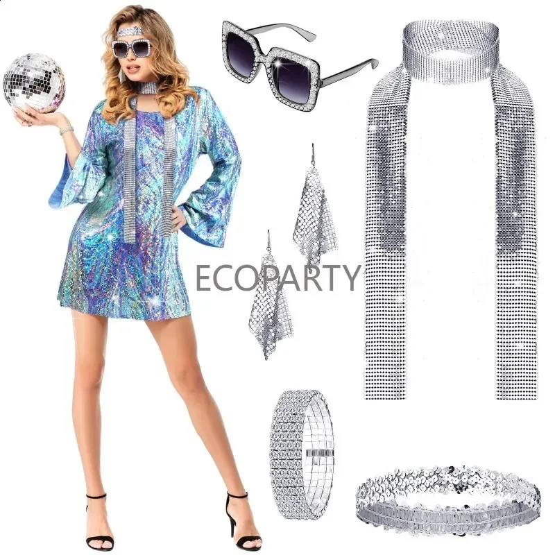70s disco womens clothing set with shiny necklace sunglasses earrings  bracelet polyester from Dhgate Theme Costume - price 87.04