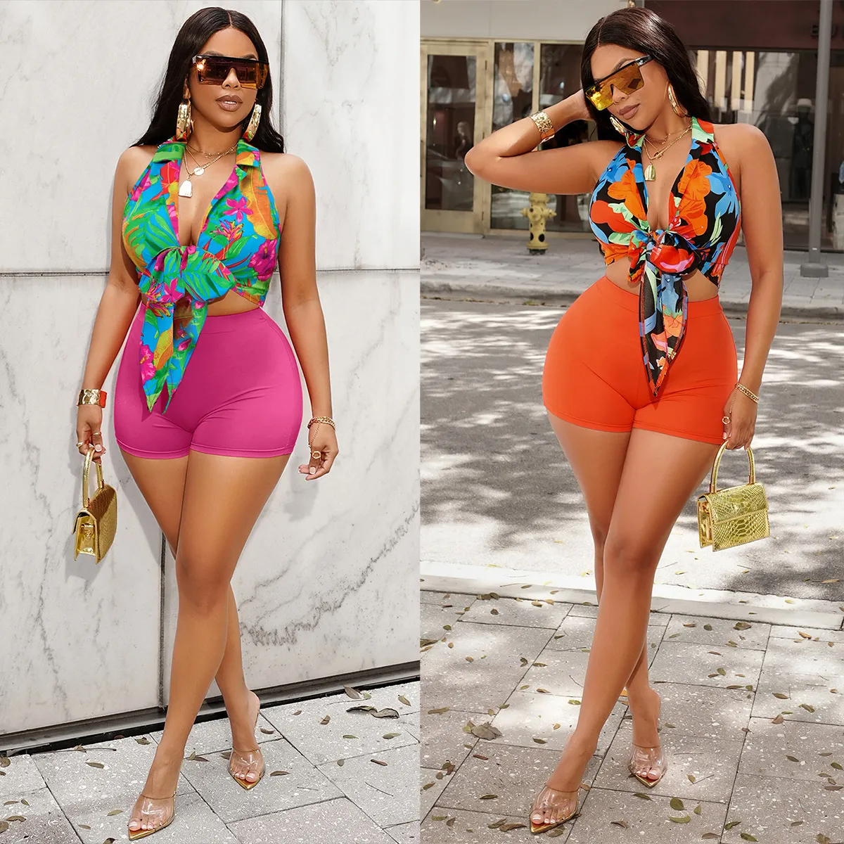 Set Di Abbigliamento Casual Estivo Femminile Short Fluidi, Stampa