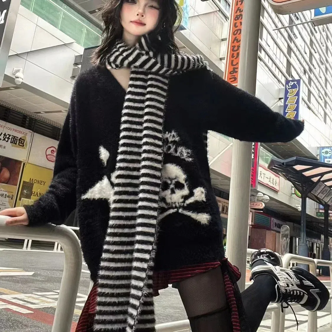 Black Gothic Skull sweaters for women with Cyber Y2K Grunge Black Gothic Skull sweaters for women with Cyber Y2K Grunge