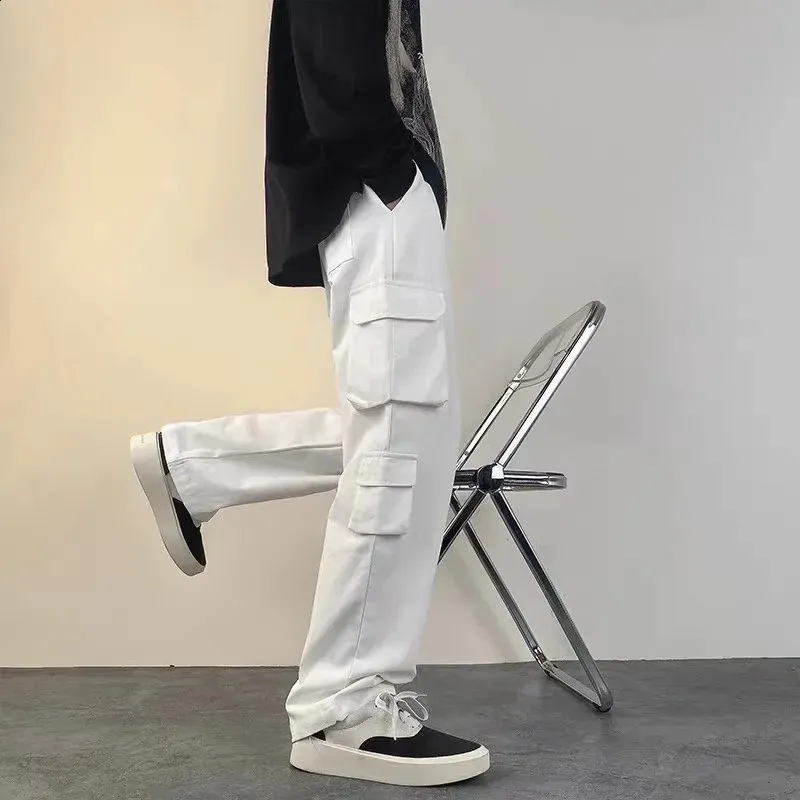 White Straight Leg Pants: Relaxed Fit Cargo Trousers for Men Shop Now!