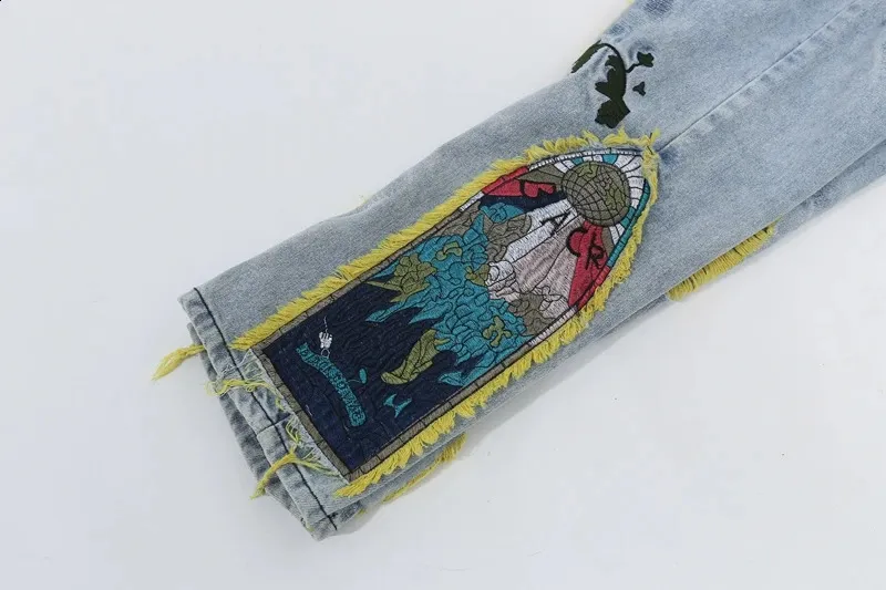 パンツ DIANTE EMBROIDERY DAMAGE DENIM Men's Athletic-Fit Jean High Street New Street Style
