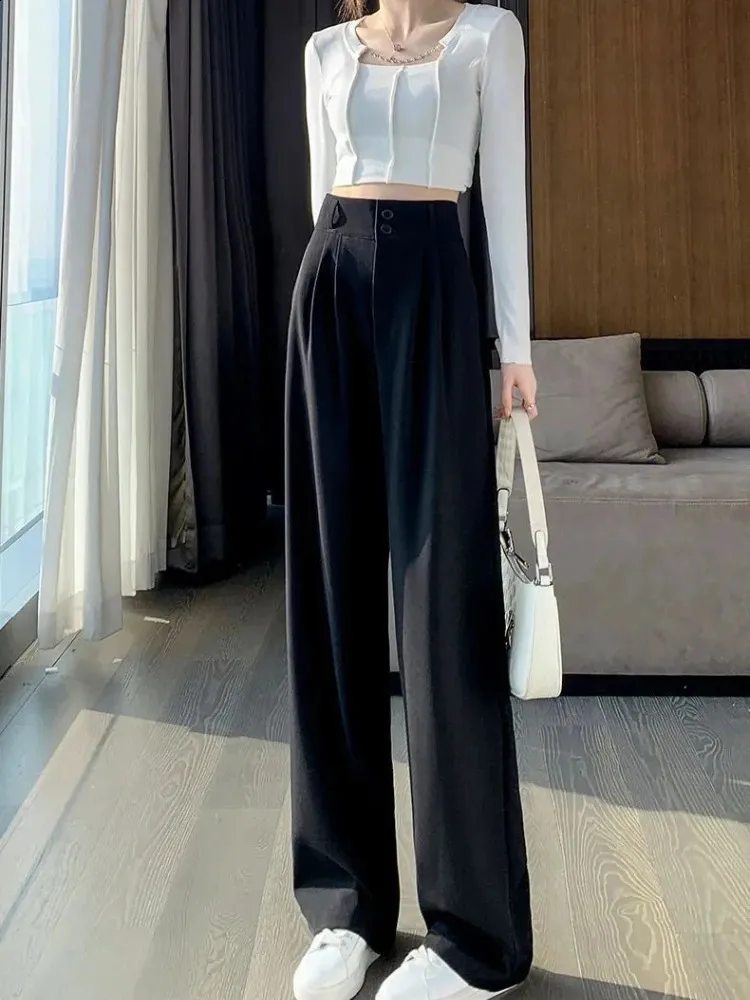 Korean Clothing Womens: High Waist Wide Leg Grey Trousers