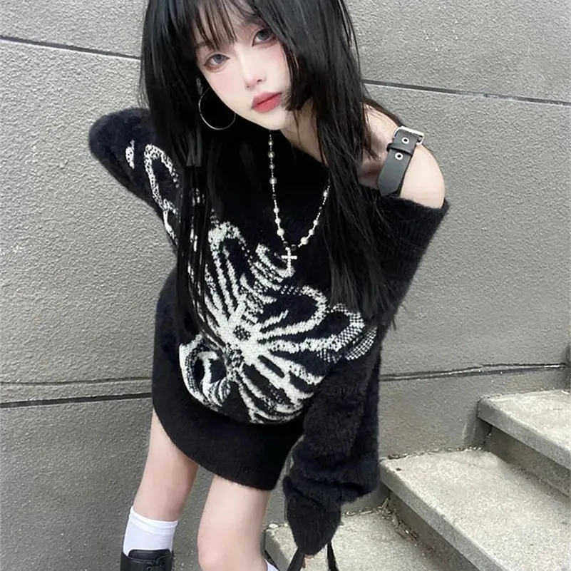 KOSAHIKI Y2K Aesthetic Blackpullover crochet sweater with