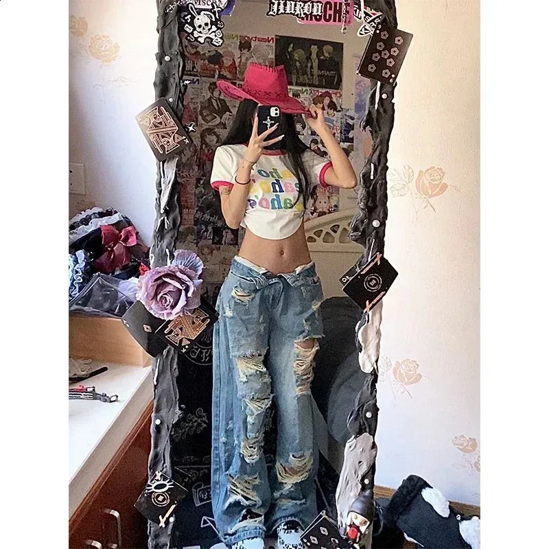 Y2K Baggy Ripped Damage Jeans For Women For Women Low Rise Gyaru  
