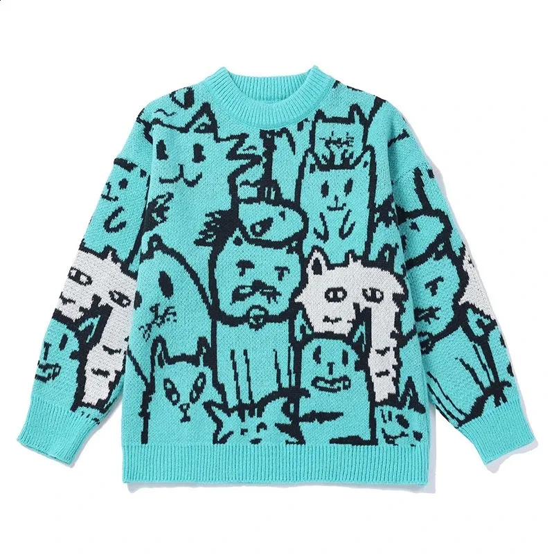 Rainbowtouches Men's Graffiti Print Vintage Loose Knitted Sweater, Casual  Streetwear Pullover