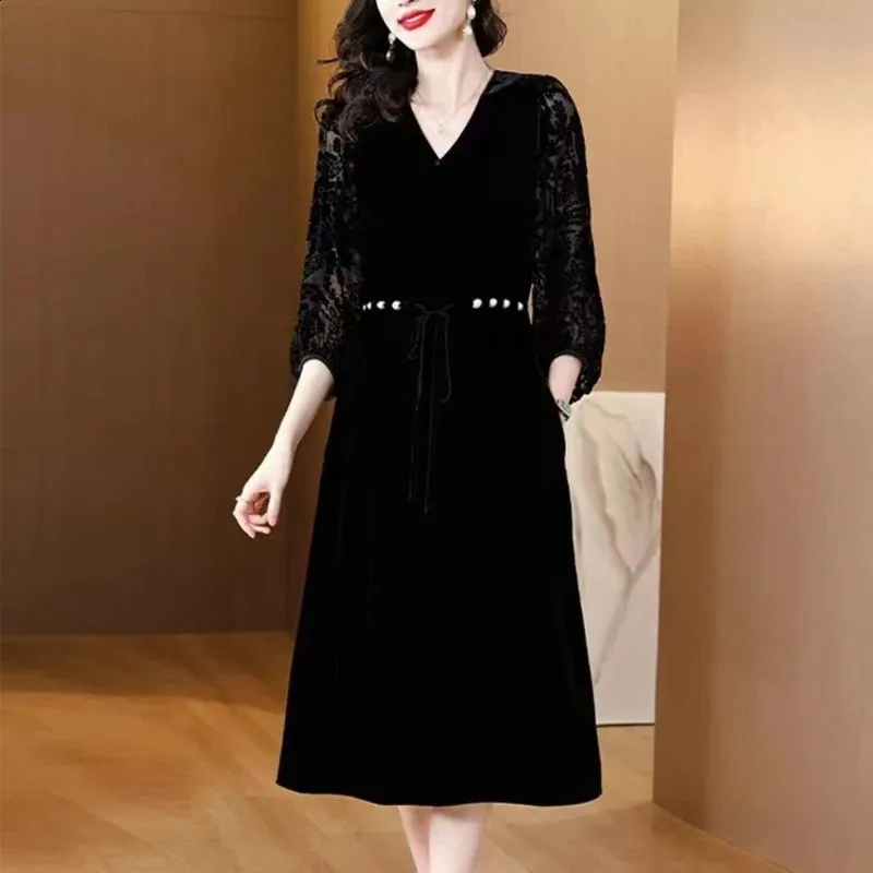 Vintage Black velvet tunic Midi Dress with V-Neck and Elegant Waistband for Women - Perfect for Office, Formal and Casual Wear in Autumn