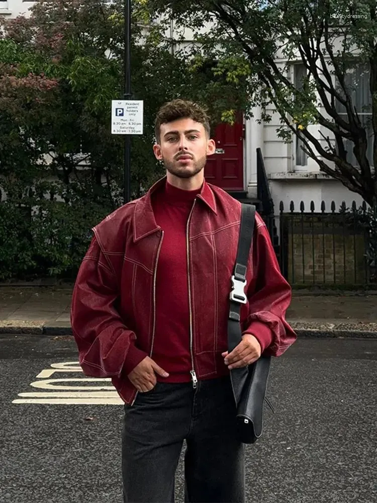 Men s Jackets Fashion Solid Oversized Contrast Stitch Jacket Loose Lapel Long Sleeve Zipper Pu Leather Top Autumn Lady Motorcycle