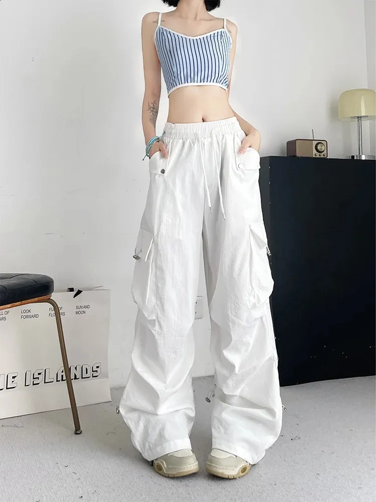 White cargo pants SHINYAKOZUKA似　y2k Women Y2K High Waisted Baggy Cargo Pants Casual Loose Wide
