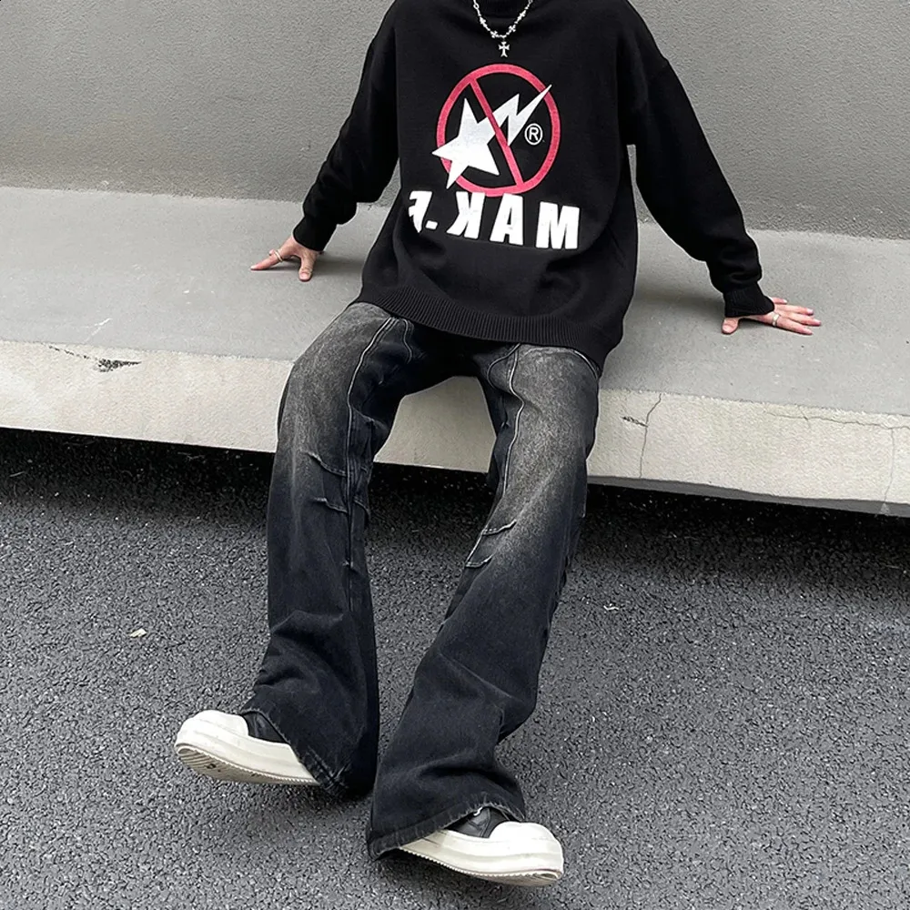 Black Denim Flare Jeans, Mens Wide-Leg Trousers for Casual