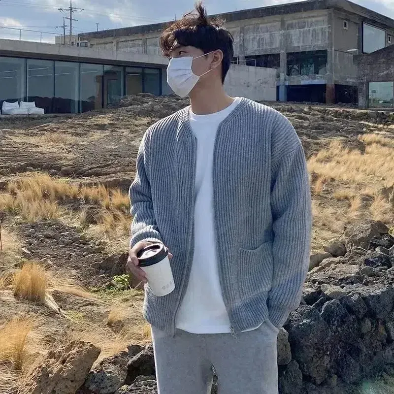 Mens Knitted Blazer Cardigan: Zip Up Sweater Coat With Round