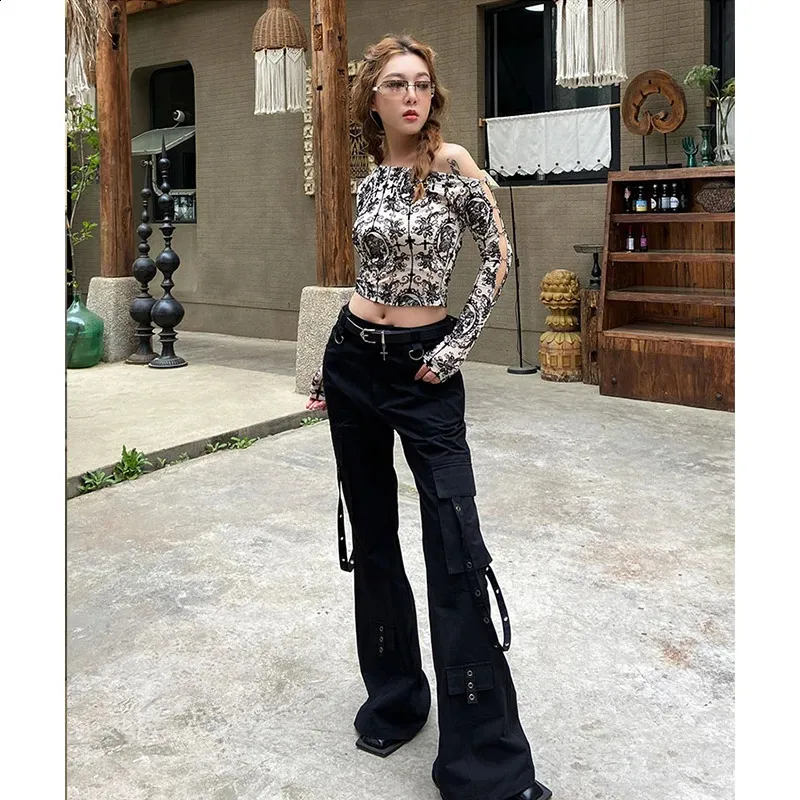 Gothic Flare Pants: Black Cargo Harajuku Y2K 90s Emo Trousers from