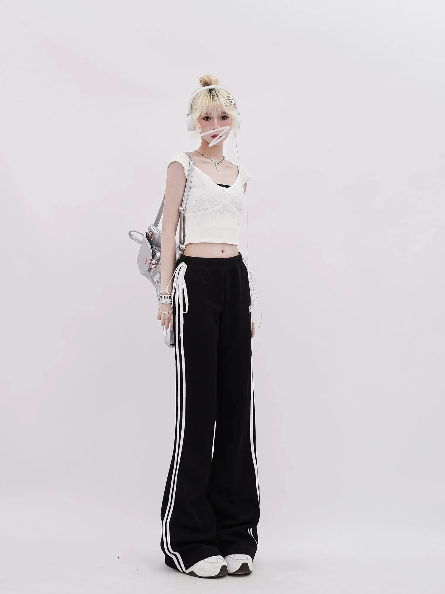 Womens Goth Flared Pants - Black Striped Y2k Aesthetic